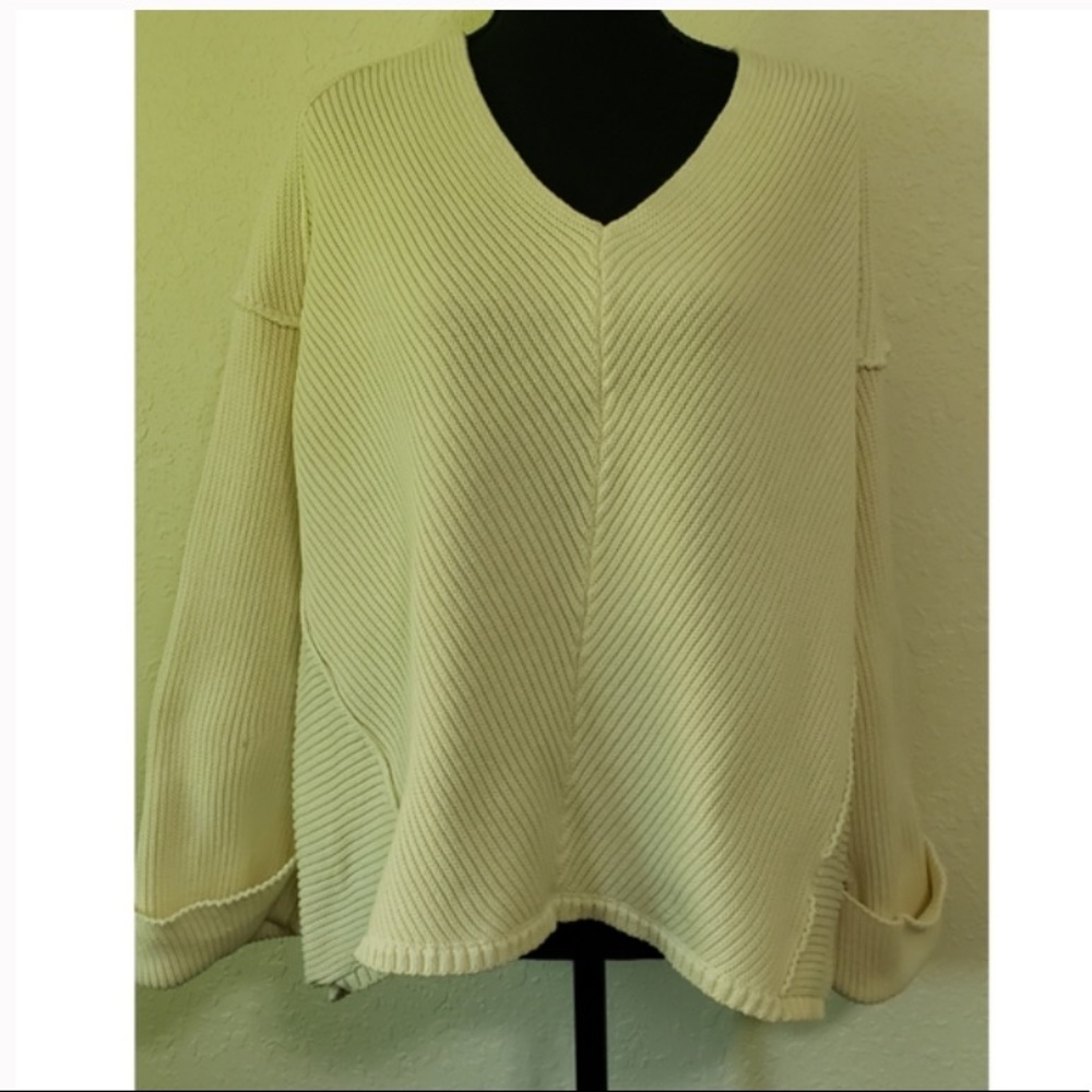 Free People La Brea V-neck Pullover Sweater Ivory Cream Size L-XL - Picture 6 of 14